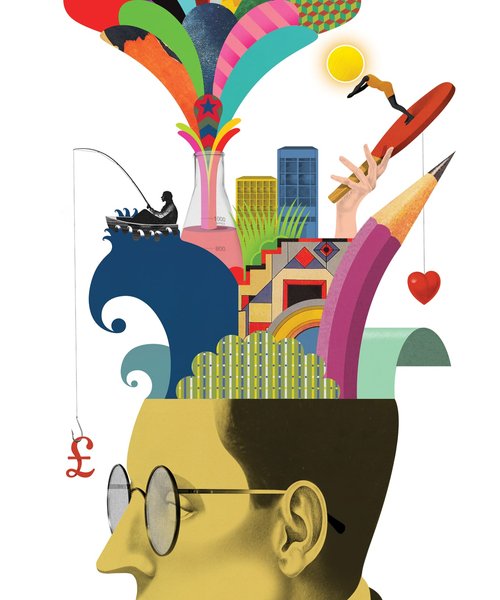 Imaginative collage emerging from a head – celebrating creativity and curiosity in learning