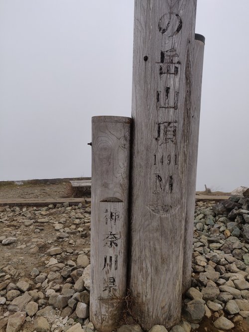 Wooden summit marker at Mt. Tonodake in Kanagawa, Japan, engraved with elevation and Japanese characters.