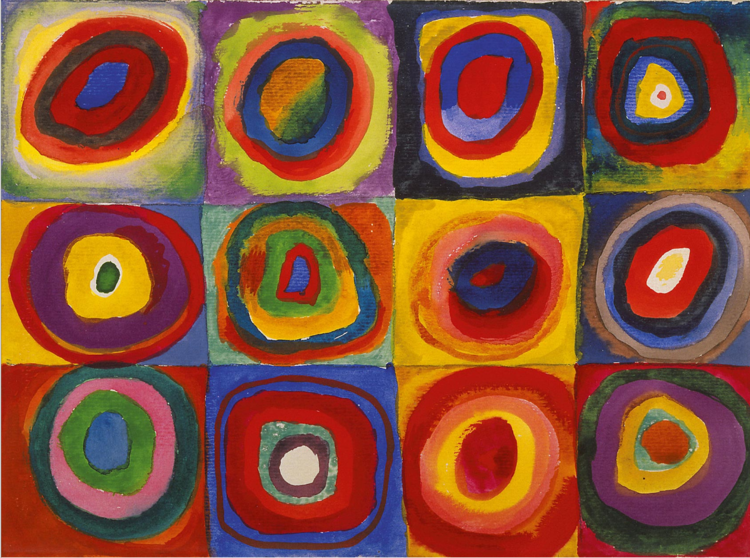Abstract painting of colorful concentric circles inspired by Wassily Kandinsky, ideal for creative learning environments.