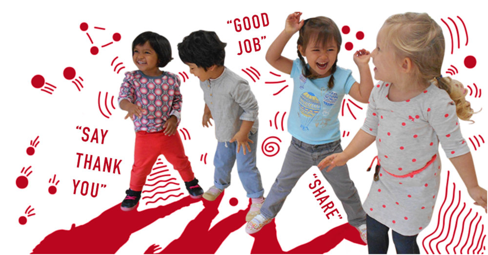 Group of children joyfully interacting, learning values like sharing and saying thank you