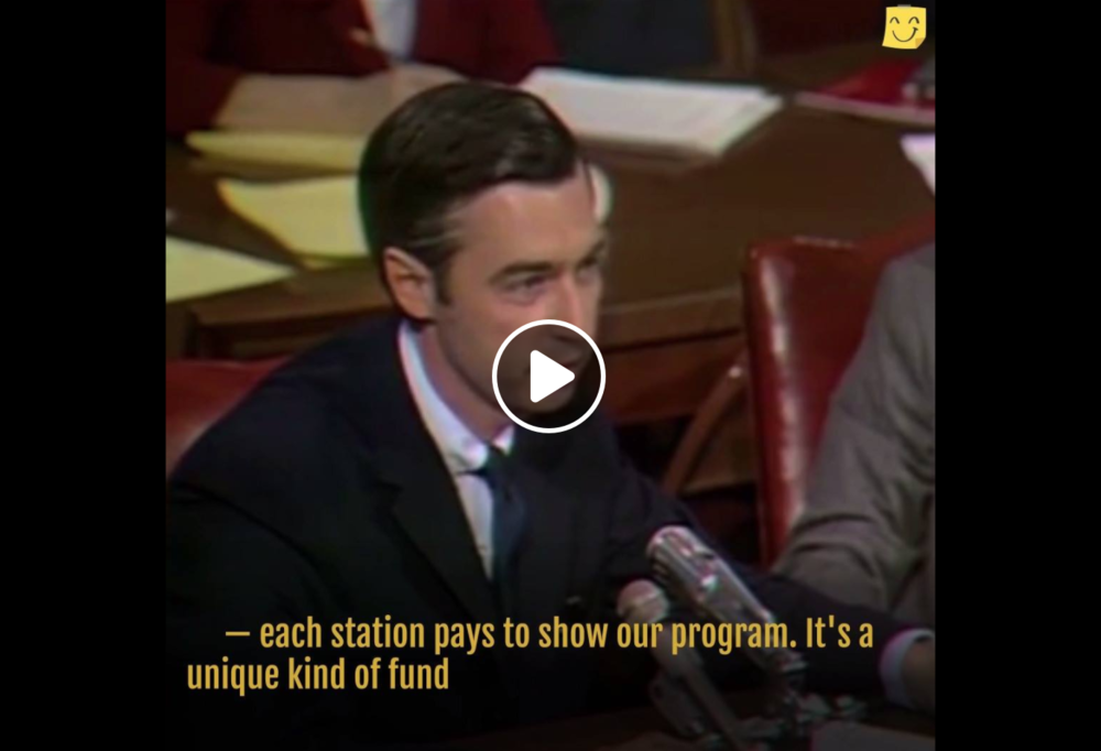 Video still of Fred Rogers testifying before the U.S. Senate, advocating for children’s television