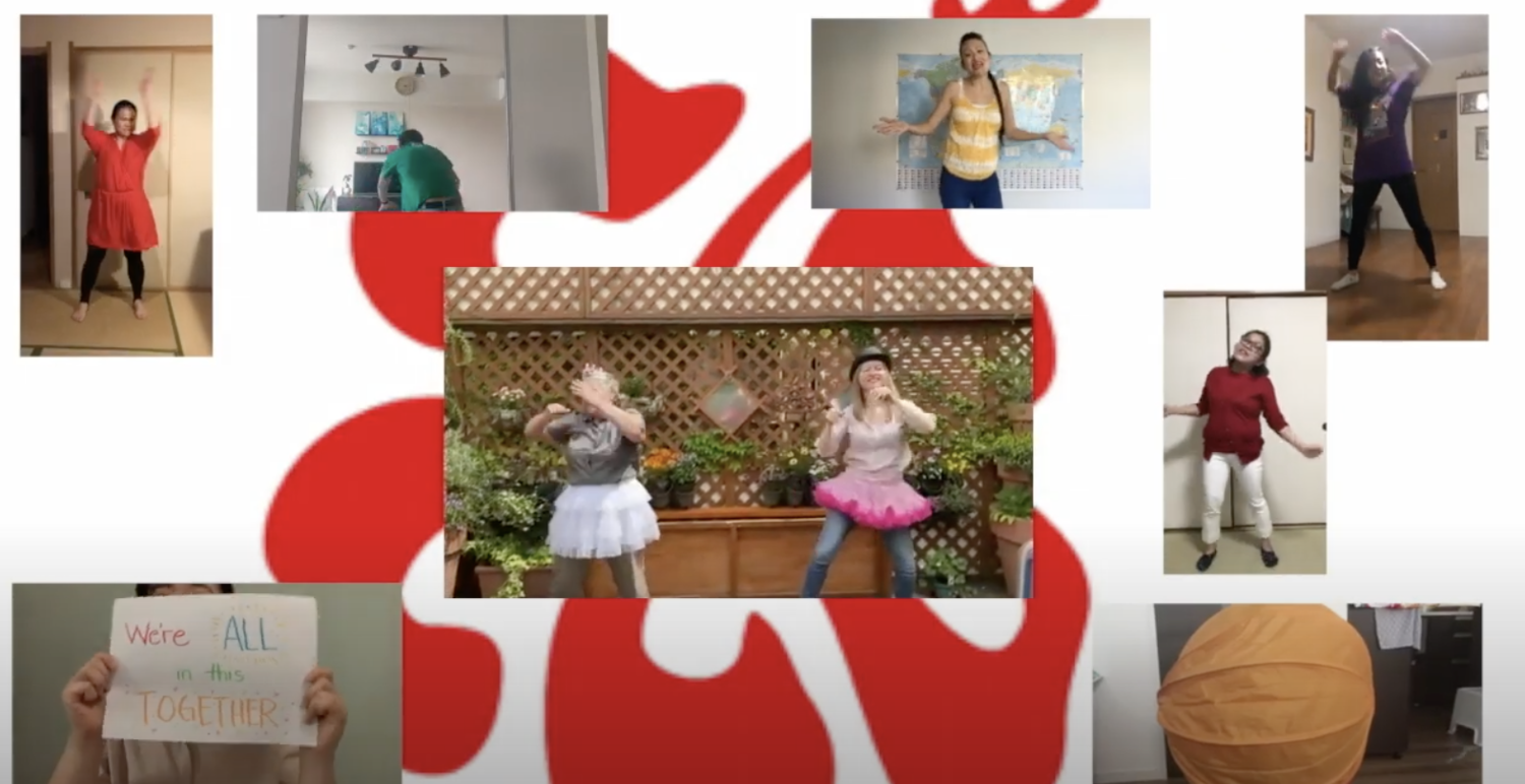 Collage of educators dancing in separate frames with text “We’re all in this together”, promoting community and joy in learning.