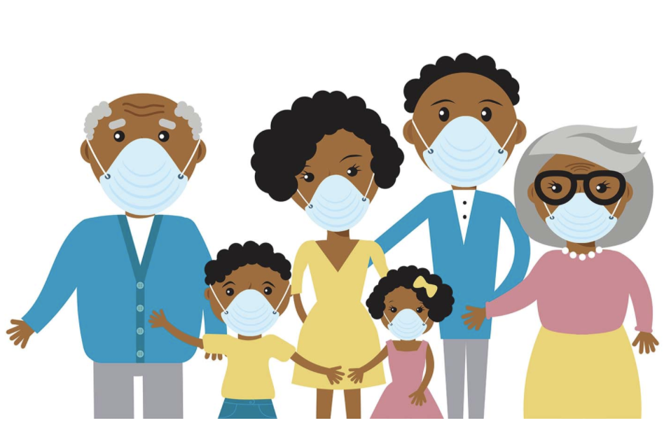 Illustration of a diverse family wearing masks, promoting public health and community care.