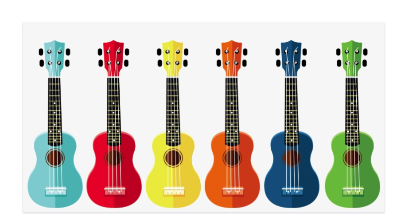 Colorful illustration of six ukuleles in a row, promoting joyful musical expression.