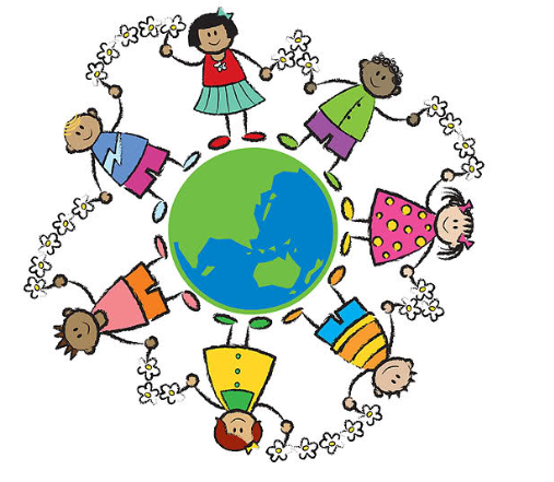 Cartoon of diverse children around the globe – promoting unity, inclusion, and global friendship