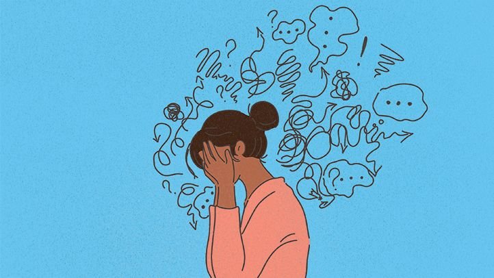 Illustration of overwhelmed person – representing mental health awareness and emotional support