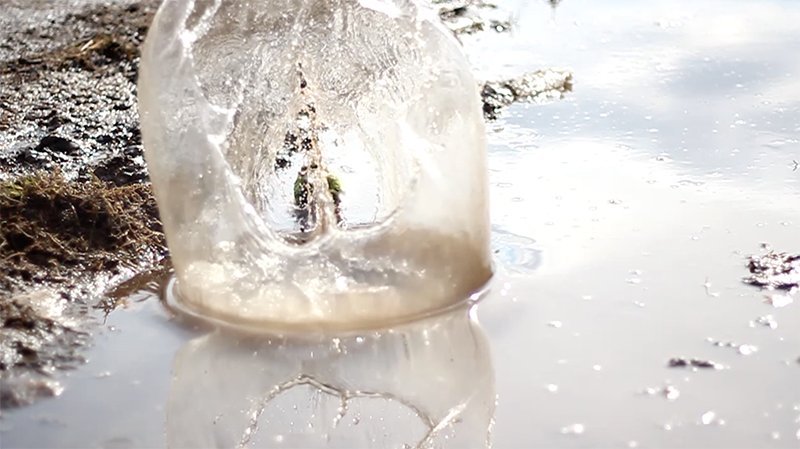 Ice dome with a small stick frozen inside, placed on muddy ground and reflecting in a puddle.