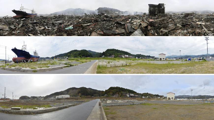 Panoramic view showing the devastation and recovery of a coastal town after a tsunami